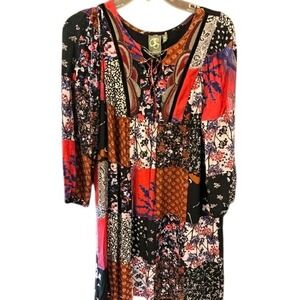 One September Dress Women M Multicolor Exc Patchwork Boho Lace Up Embroidered